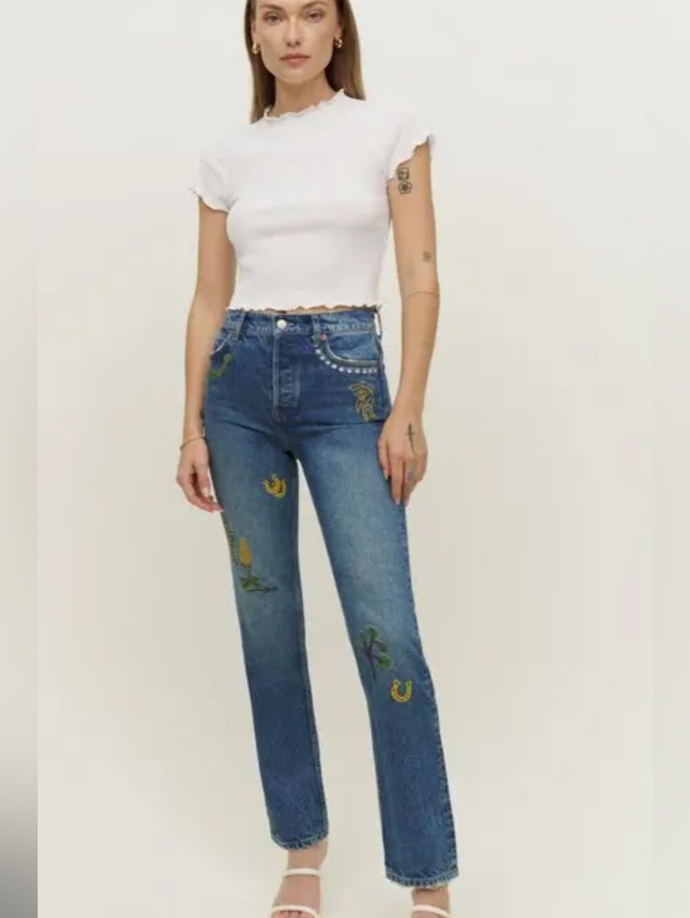 Reformation Jeans Womens 27 Pants Blue Handicraft Embroidered High Rise Straight